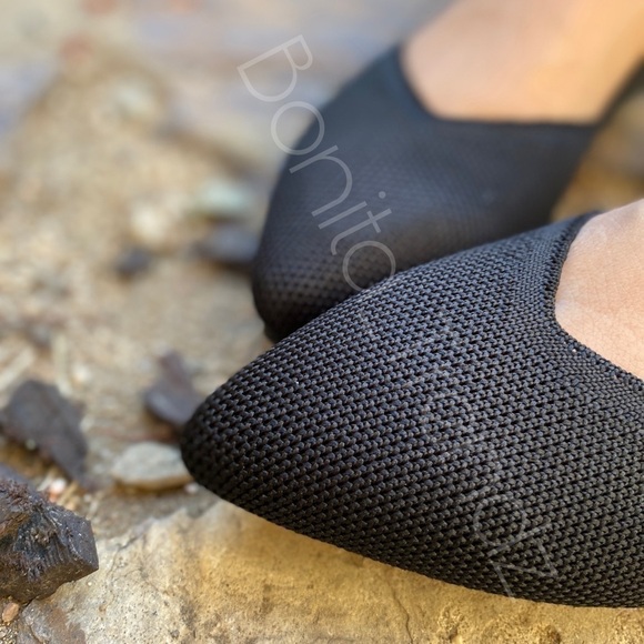 Black Pointed Toe Knitted Ballerina Slip-On Flats - Picture 3 of 10